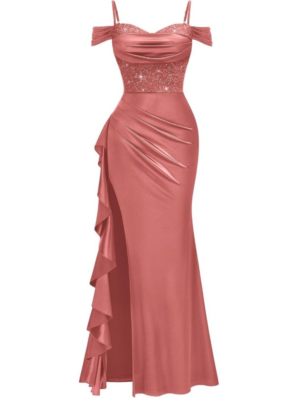 Women's Cinnamon Pink Off Shoulder Sequin Lace Bridesmaid Long Formal Maxi Dress - Picture 4 of 6